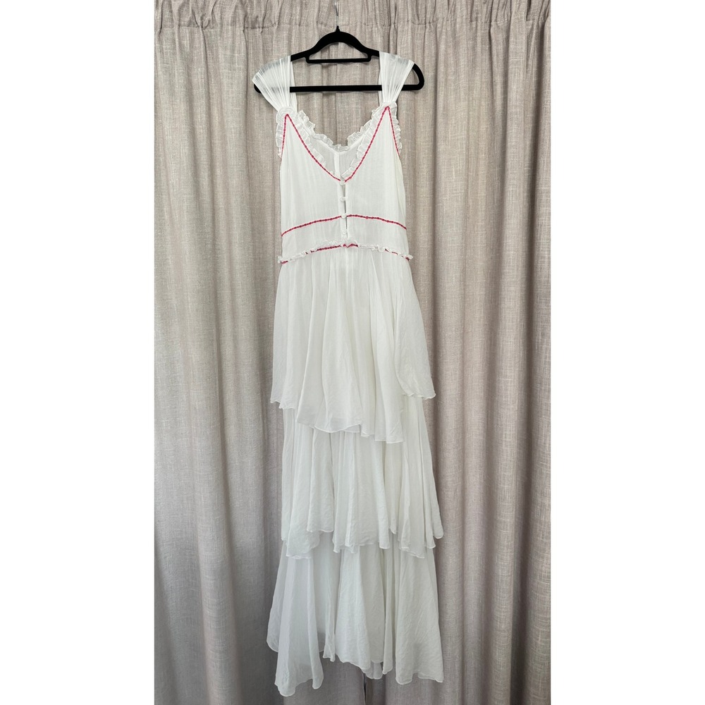 Pitusa White Tiered Gauze Maxi Dress Embroidered Trim Boho Beach Dress Size II